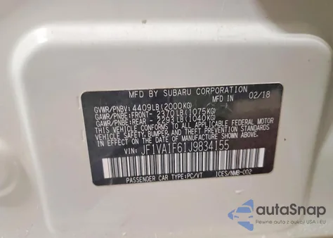 2018 Subaru Wrx Limited z USA, uszkodzony, nr VIN JF1VA1F61J9834155